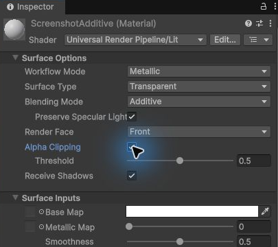 UnityマテリアルのAlpha ClippingとThreshold 0.5設定