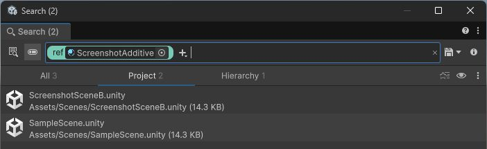 マテリアルを参照する2つのUnityシーンの検索結果