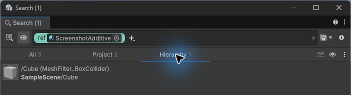 Unityマテリアルを参照するCubeのHierarchy検索結果