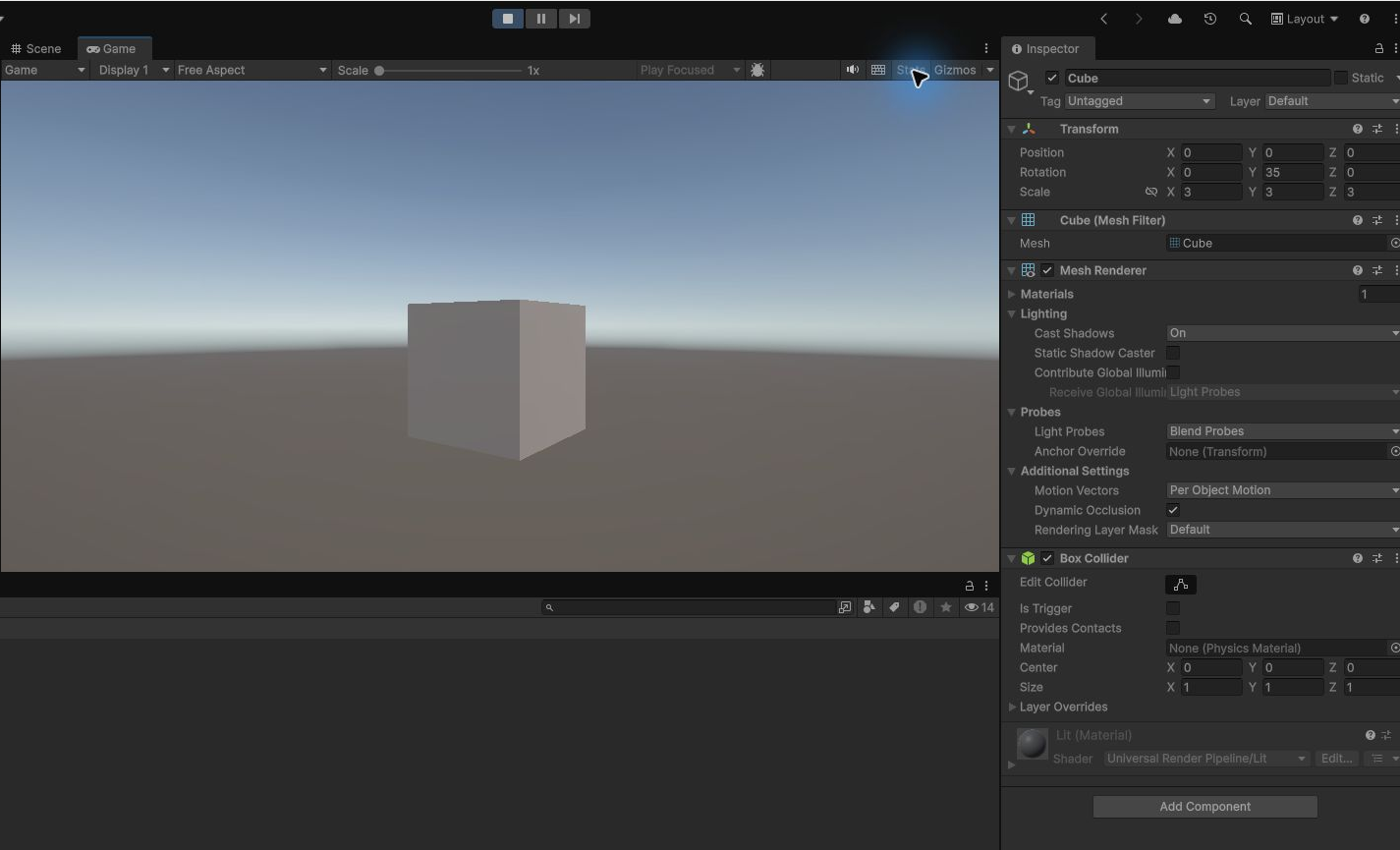 作業用Cubeを実行して確認したUnityのGameビュー
