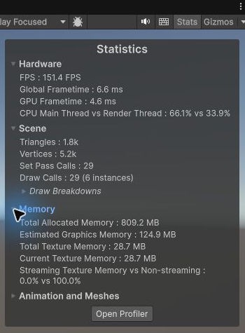 UnityのStatsで展開したMemory統計
