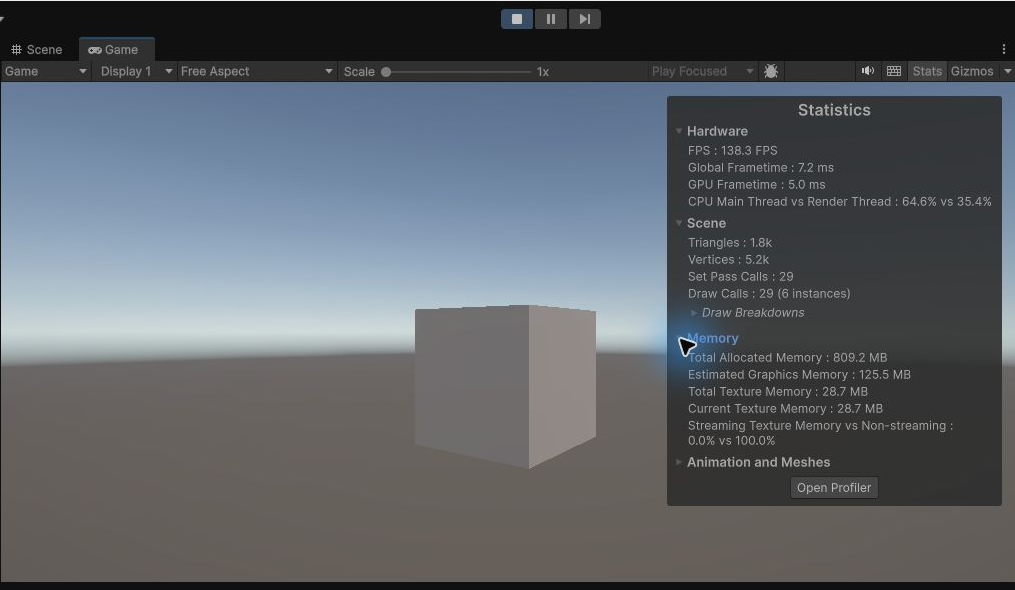 Unityサンプルの実行画面とメモリ使用統計