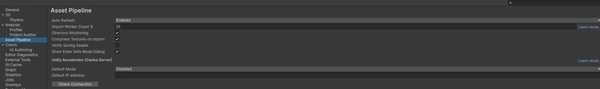 UnityのAsset Pipeline設定とImport Worker Countの25パーセント表示