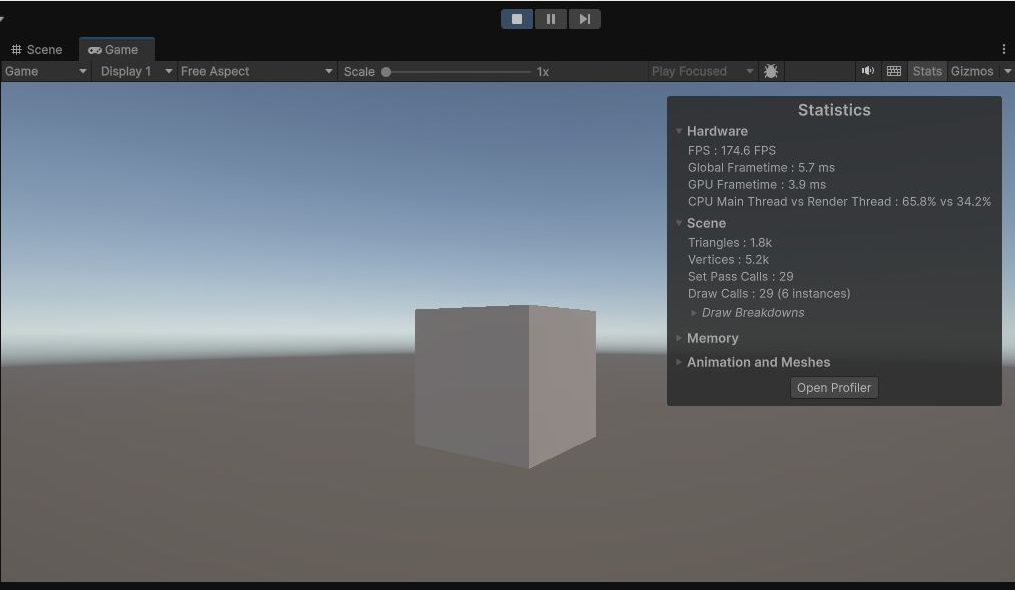UnityサンプルをPlayモードで実行したGameビューと統計