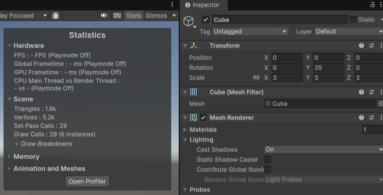 UnityのStats表示とCubeの設定パネル
