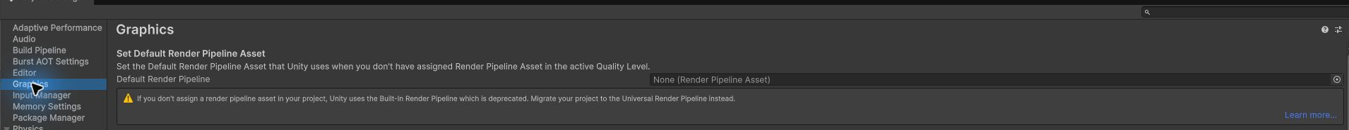 Graphics設定のDefault Render Pipeline欄がNoneになっている画面