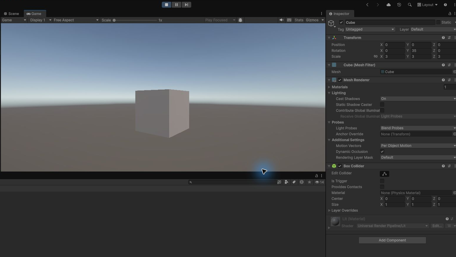 Playモードで描画したCubeとURP LitシェーダーのInspector