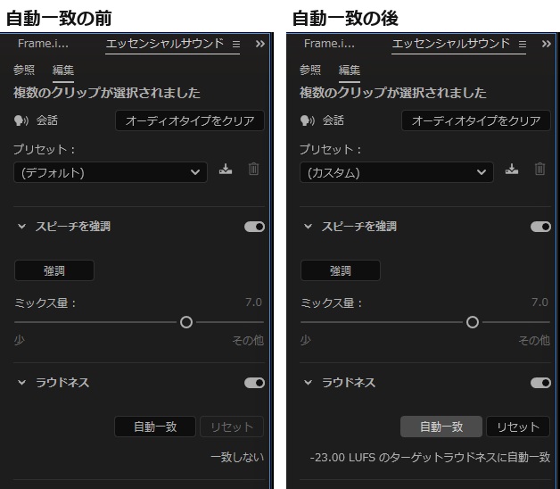 会話に分類したクリップのラウドネスの項目で、左は自動一致の前で一致しないと表示され、右は自動一致の後で-23.00 LUFSのターゲットラウドネスに自動一致と表示されている比較画像