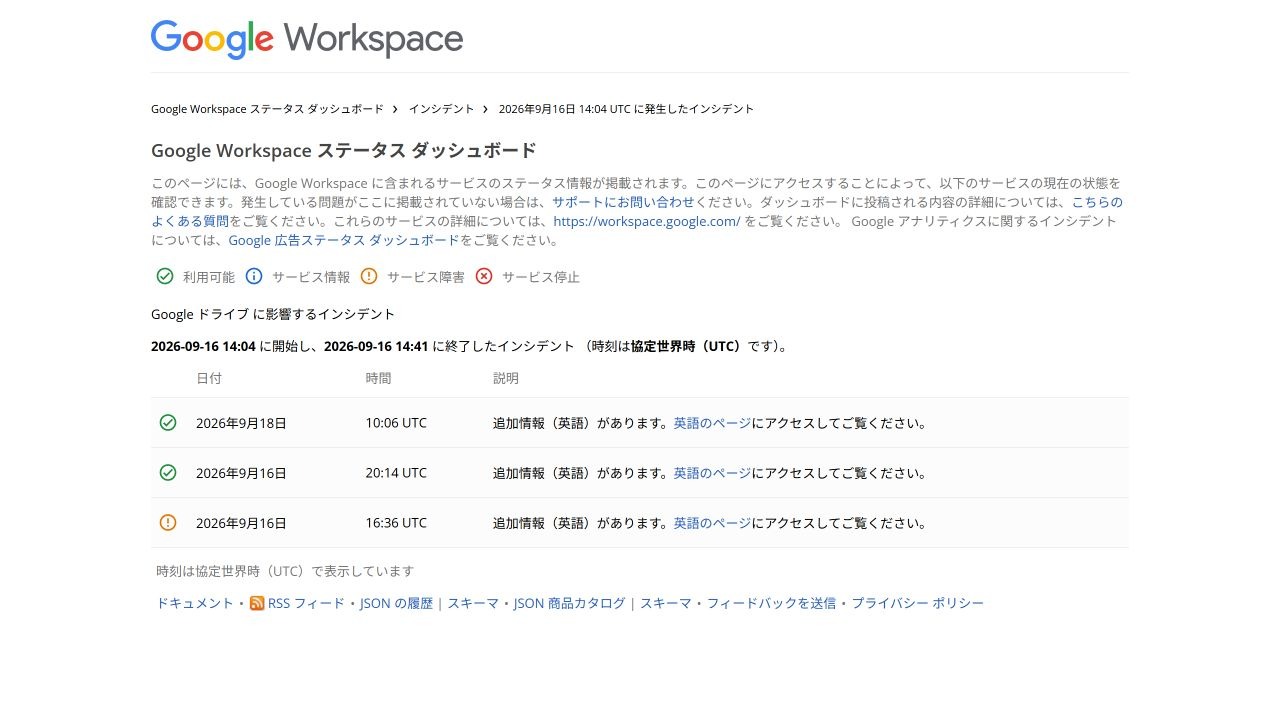 Google WorkspaceステータスダッシュボードでGoogleドライブの過去インシデントを開いた画面